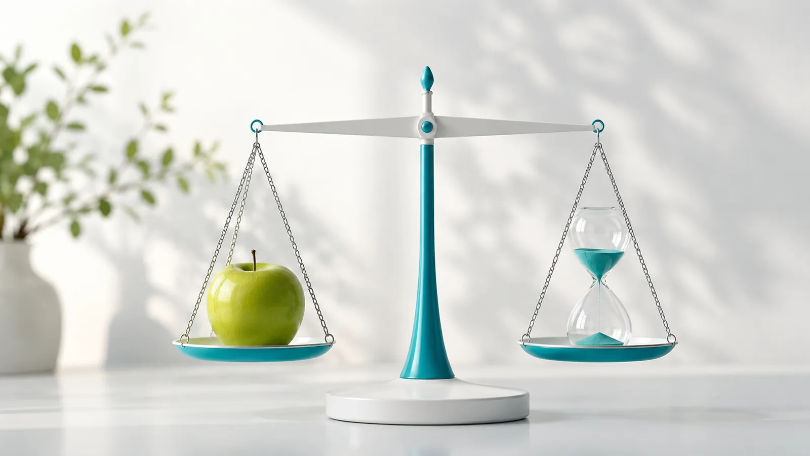 Весы-балансир: зелёное яблоко против песочных часов — баланс веса и биологического времени